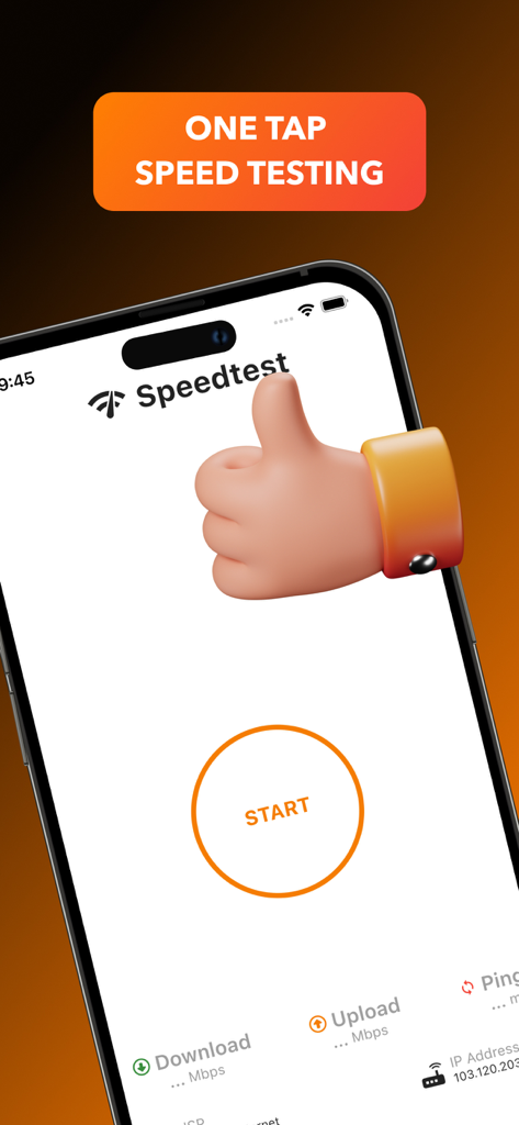 Fast Internet Speed Test Now - iPhone screen displaying the Fast Internet Speed Test Now app with a large one-tap start button and a thumbs up graphic