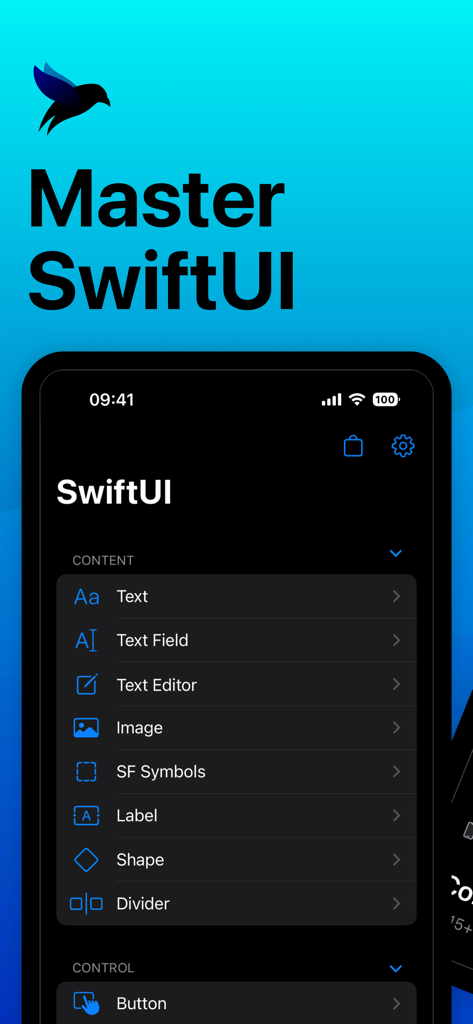 App screen for Swifter for SwiftUI featuring a list of developer components and the text Master SwiftUI