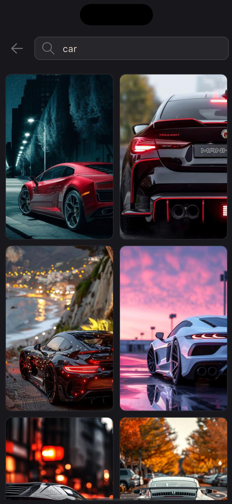 Car Wallpapers 4K | HD - Resultados de búsqueda que muestran fondos de pantalla de coches deportivos y de lujo de alta definición en la aplicación