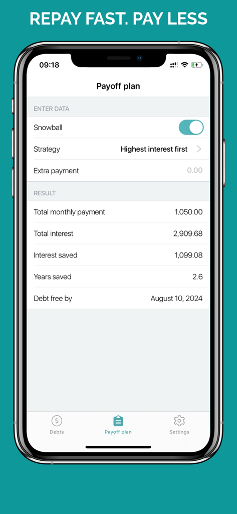 Debt Free Box: Snowball Payoff - A mobile app screen showing a debt payoff plan with calculations for interest saved and the projected debt free date using the snowball method