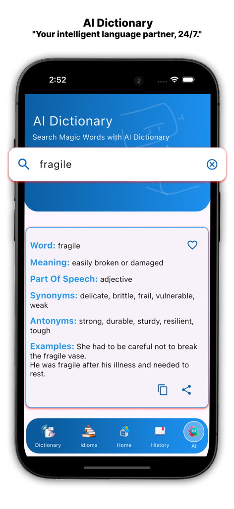 AI English Dictionary mobile app interface showing definition synonyms and examples for the word fragile