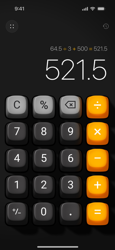 Basic Calculator with History - Aesthetic iOS calculator interface with realistic 3D buttons and visible calculation history process