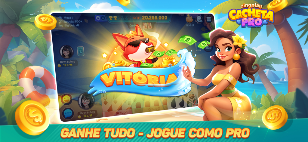 Cacheta ZingPlay – Pife Online - Victory celebration screen in Cacheta ZingPlay app with a fox mascot and tropical theme