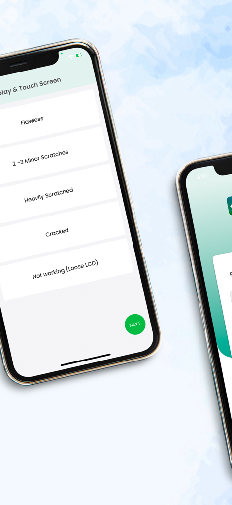 InstaCash Exchange app screen showing options to select the display and touch screen condition from flawless to cracked