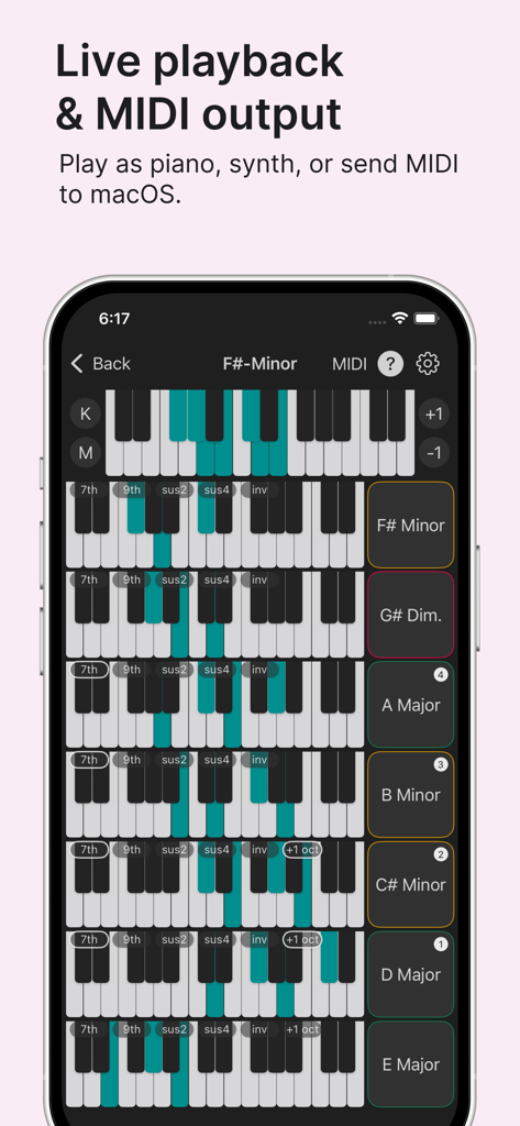Chord - Interface of the Chord app showing MIDI output and chord progression playback keyboards