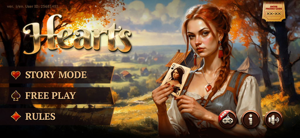 Hearts HD: Classic Card Game - Menú principal del juego de cartas Hearts HD que muestra las opciones Modo Historia y Juego Libre con arte de personajes de fantasía