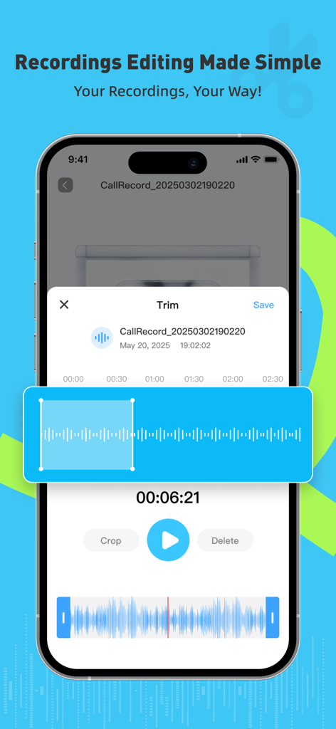 A smartphone interface showing the audio trimming and editing tool for recorded calls in the Call Recorder app.