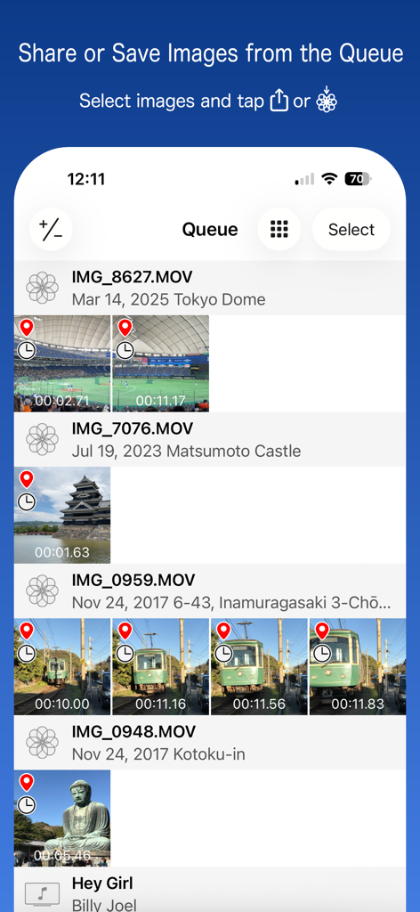 Frame Grab - La schermata di coda dell'app Frame Grab che visualizza fotogrammi video estratti multipli per il salvataggio batch.