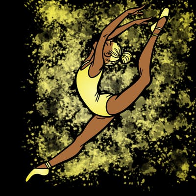 gymnast doing a leap in a leotard with a bent back leg