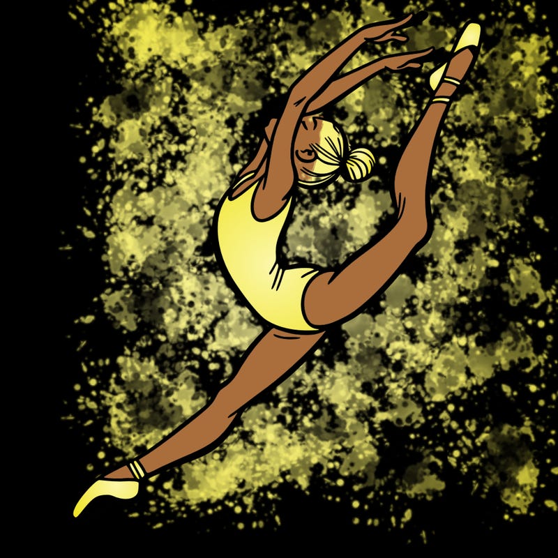gymnast doing a leap in a leotard with a bent back leg