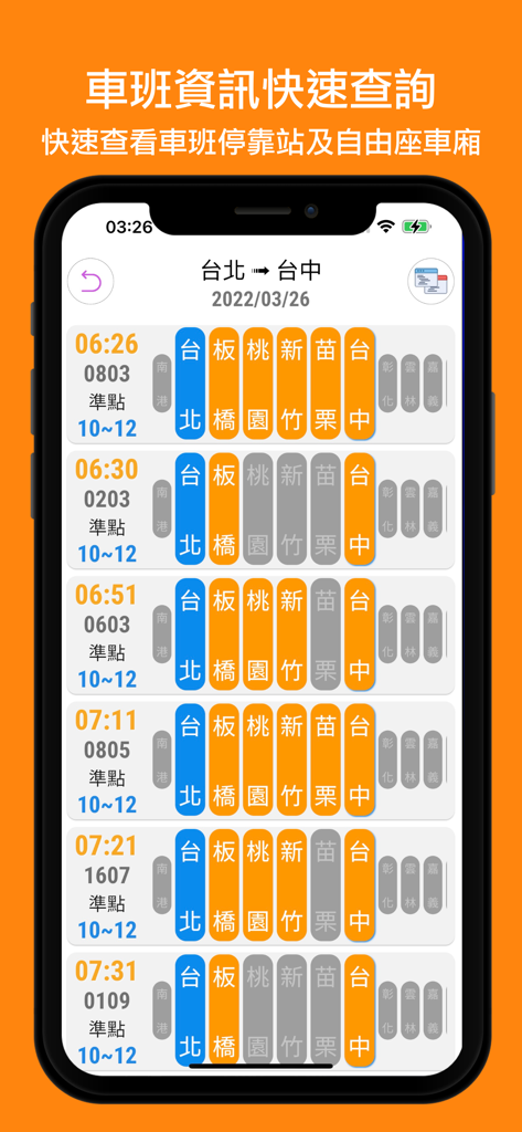 高鐵時刻表：台灣下一班高鐵時刻表 - 대만 고속철도 앱 인터페이스, 남행 열차 시간표 및 역 정차 정보 표시