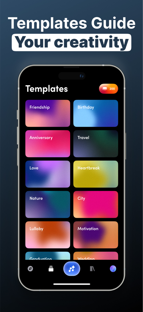 AI Song Generator - Zona - A smartphone screen displaying the Zona app music templates menu with creative categories like Friendship, Birthday, and Love.