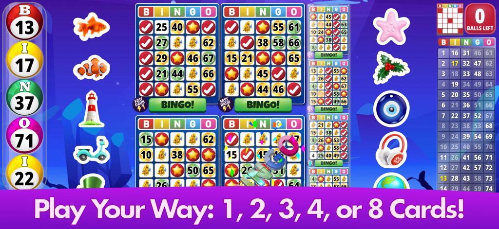 Captura de pantalla del juego de Bingo Clásico mostrando 8 cartones de bingo simultáneamente con amuletos de la suerte y gráficos vibrantes