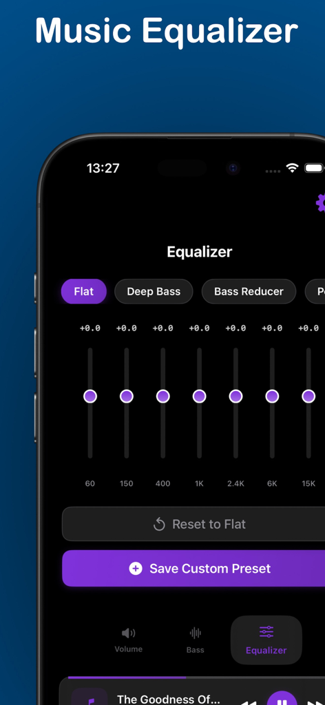 Headphone Volume Booster: HVBz - HVBz app music equalizer interface showing frequency sliders and bass presets