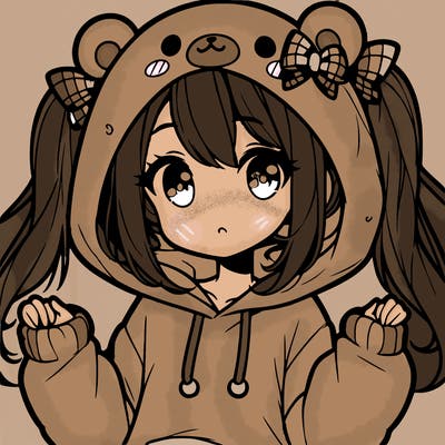 cute anime girl with ponytails and a cute bear hoodie