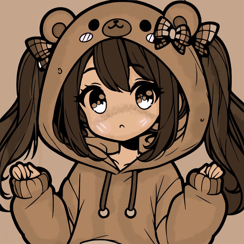 cute anime girl with ponytails and a cute bear hoodie