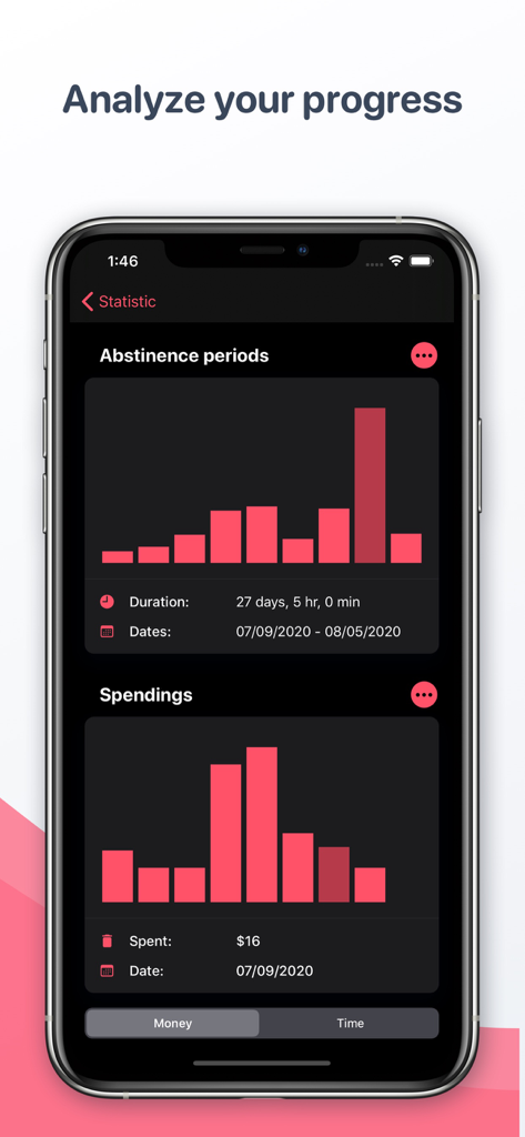 Quitzilla: Quit Tracker - Statistics screen showing abstinence periods and spending charts in the Quitzilla app