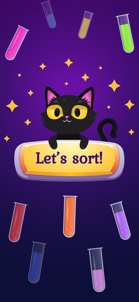 Water Sort Puzzle: Color Match - Un lindo gato negro con grandes ojos amarillos en la pantalla de inicio del juego Water Sort Puzzle rodeado de tubos de ensayo coloridos y estrellas