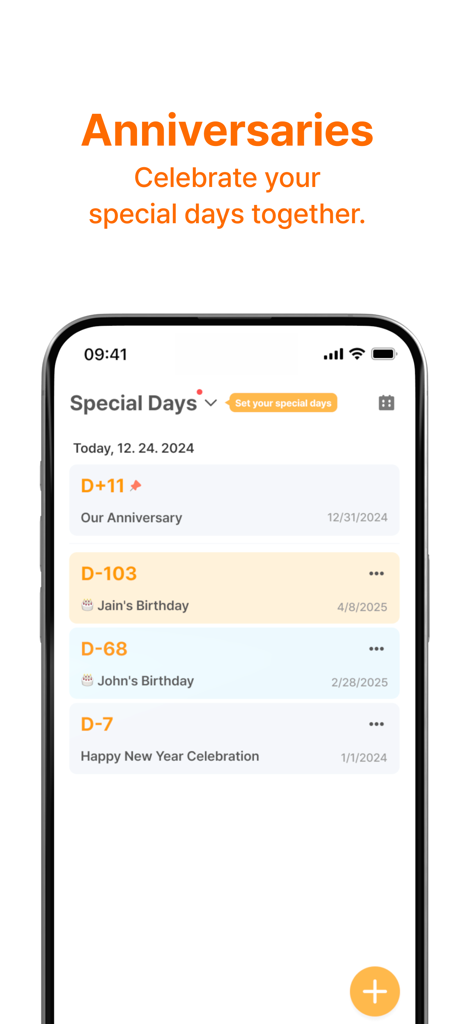 The Special Days screen in the Signaling app showing upcoming anniversaries and birthdays for a couple