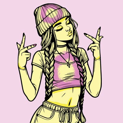 realistic teenage girl with braids and a beanie and crop top doing 🫶🏼