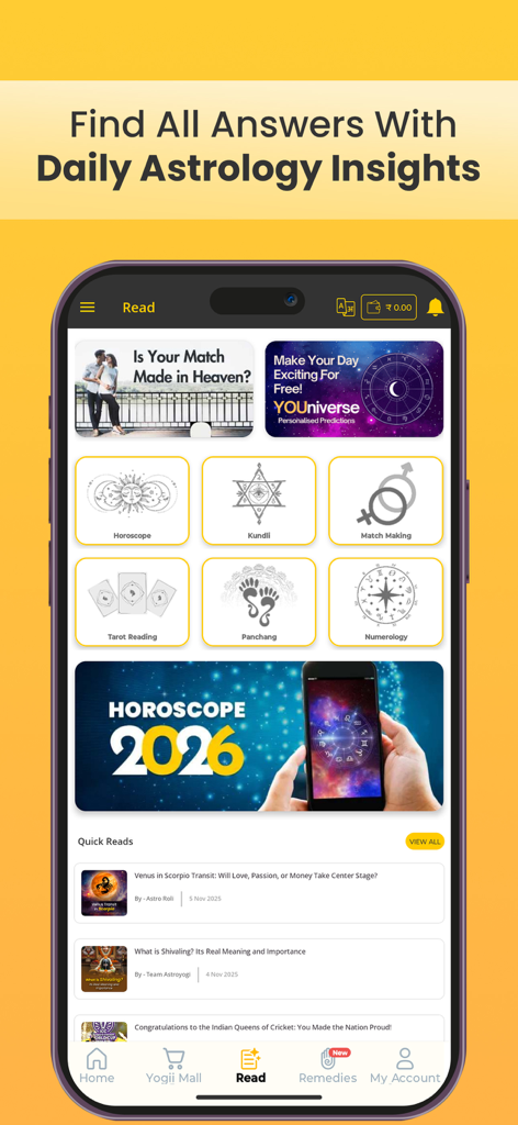 Astroyogi app Read interface featuring icons for Horoscope Kundli Tarot and daily spiritual insights