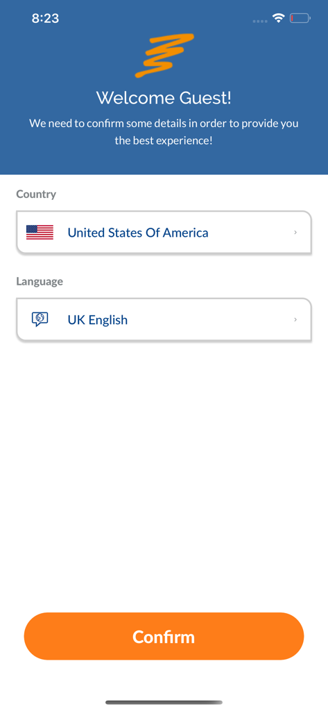 Smartwings - Smartwings app welcome screen showing country and language selection for United States users.