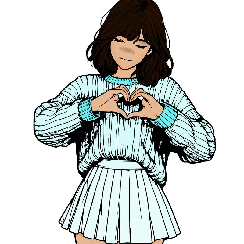 realistic girl in sweater and skirt making a heart with her hands