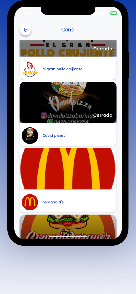 VenPide - Interfaz de la aplicación VenPide mostrando una lista de restaurantes para entrega de cena