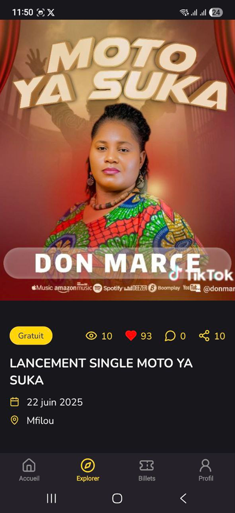Rhodium - Rhodium app screenshot showing a music event listing for Moto Ya Suka with date and location details