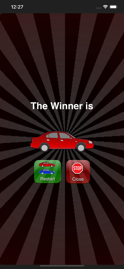 Car Counter - The winner screen in the Car Counter app showing a red car with restart and close buttons.