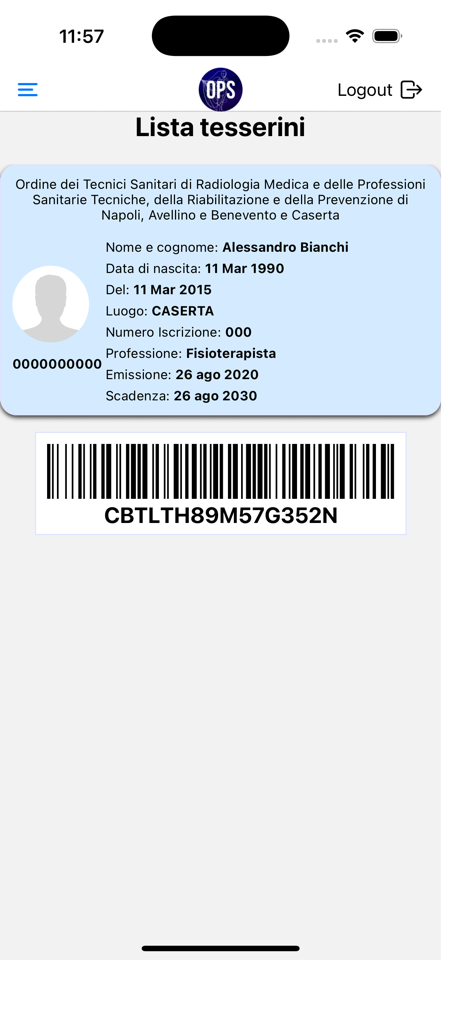 OPS Ordine TSRM PSTRP NAAVBNCE - OPSモバイルアプリケーションのデジタル専門職IDカード画面。
