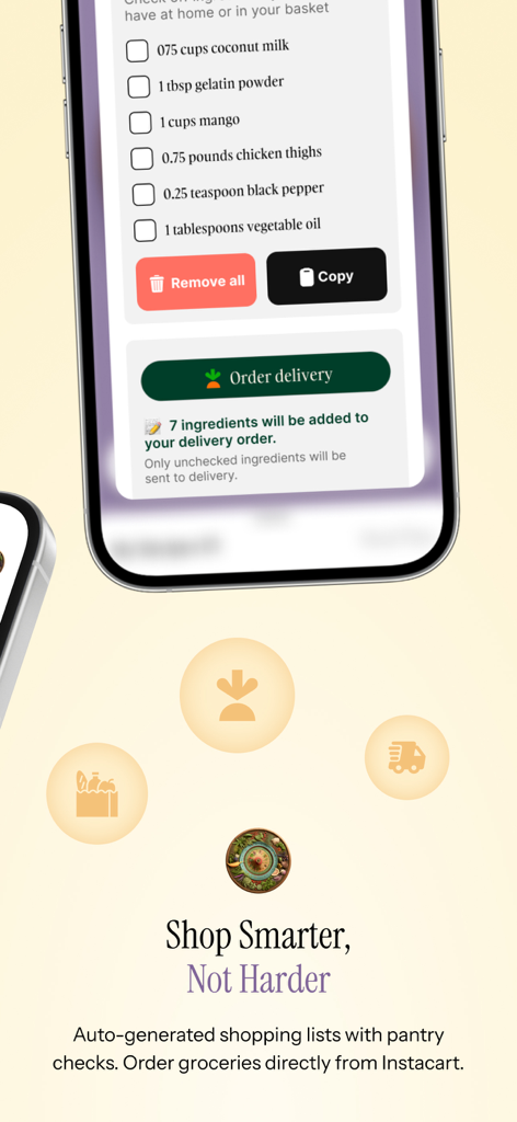 Recipe Roulette - Interface of Recipe Roulette app showing a digital shopping list with an integrated Instacart delivery button.