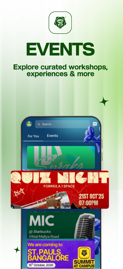 Under 25 - A screenshot of the Under 25 mobile app showing curated student events, workshops, and campus experiences.