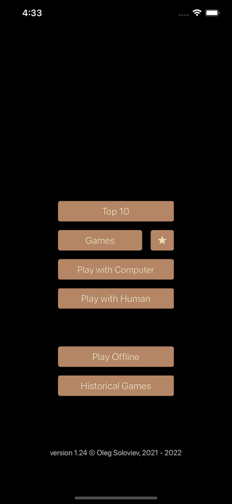 Pantalla del menú principal de la aplicación Lite lichess mostrando opciones para jugar al ajedrez online, offline y ver partidas históricas