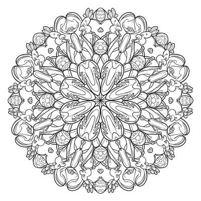 Unleash your creativity with this unique Easter-themed mandala, beautifully blending festive bunnies and eggs with trendy sneakers. It's the perfect coloring page to celebrate spring with a touch of urban cool.