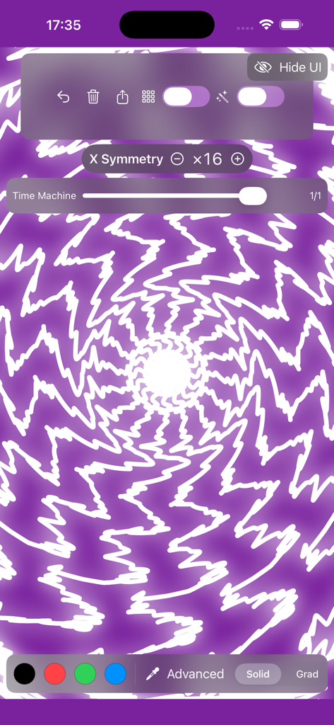 Mirror Drawing Studio - Mirror Drawing Studio interface displaying a purple radial mandala with sixteen way symmetry and drawing tools.