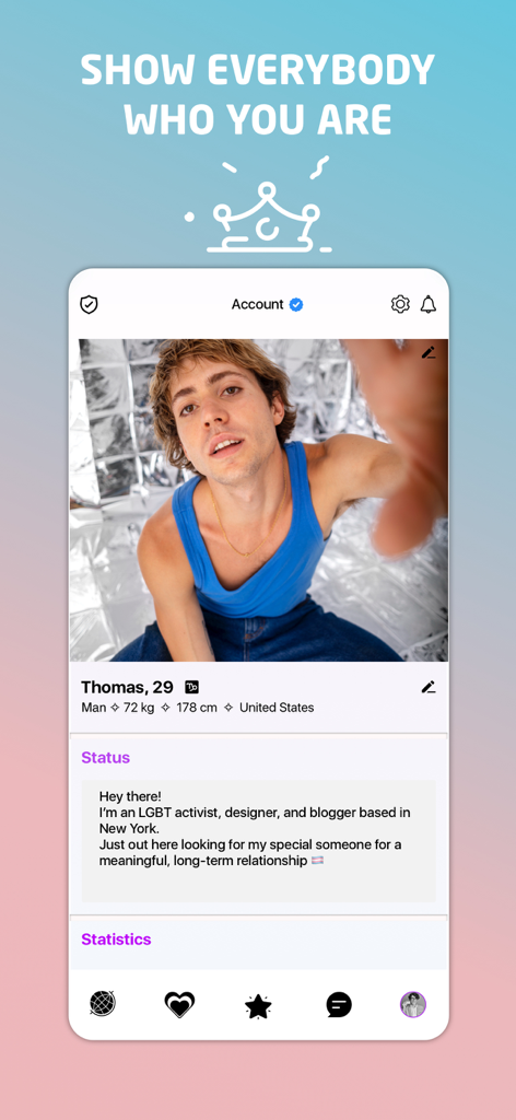 TRANSLOVE - Transgender Dating - Interface de profil utilisateur sur l'application de rencontres TRANSLOVE montrant une biographie et des détails personnels
