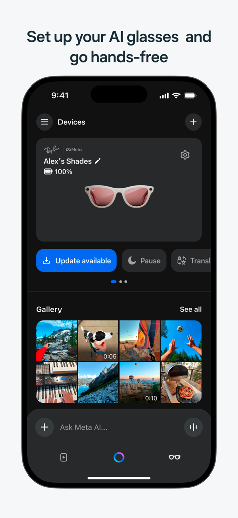 A mobile interface for the Meta AI app showing a dashboard to manage Ray-Ban Meta smart glasses and an integrated media gallery.