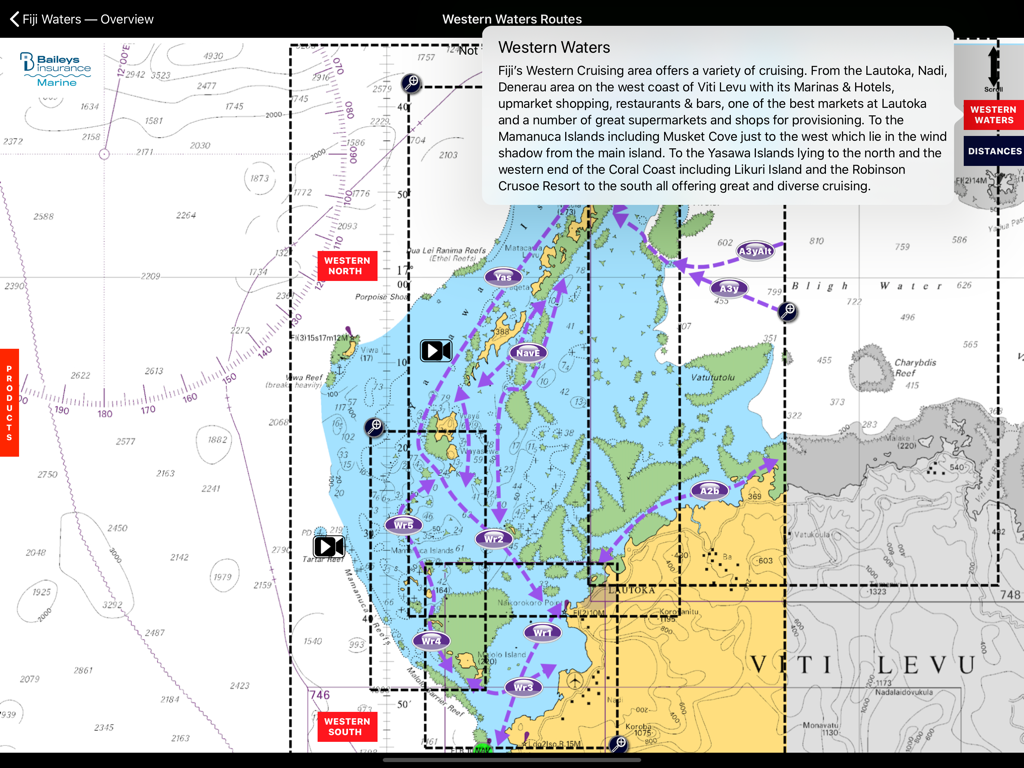 A detailed nautical chart of Fiji Western Waters showing sailing routes and waypoints within the cruising guide app