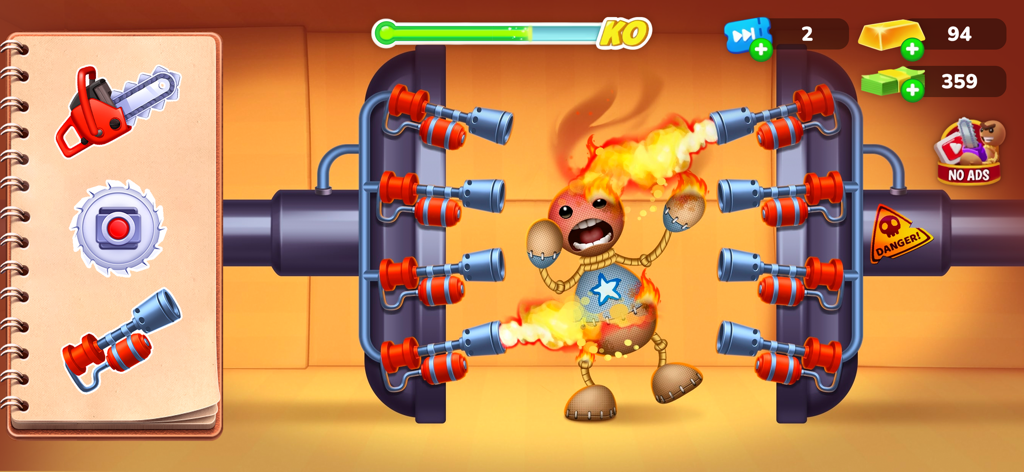 El personaje de muñeco de trapo Buddy siendo atacado por múltiples lanzallamas en el juego Kick the Buddy