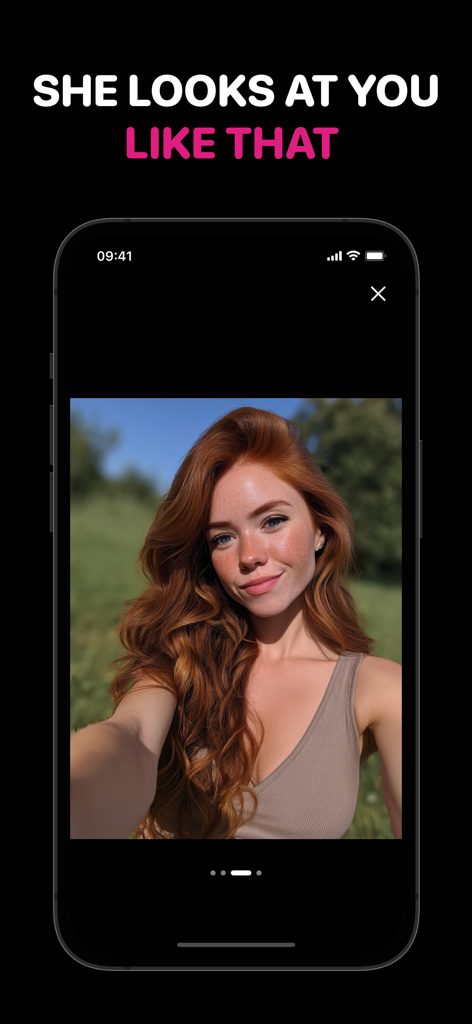 Realistic image of a redhead AI character within the virtual girlfriend app gallery