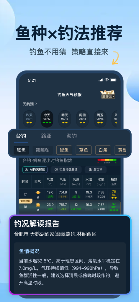 Mobile app interface showing AI-driven fishing predictions and meteorological data for precision angling.