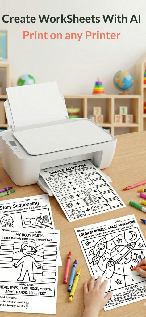Education AI: WorkSheets Maker - Ein Heimdrucker produziert mehrere KI-generierte Arbeitsblätter für Kinder, wie einfache Addition und Weltraum-Malvorlagen
