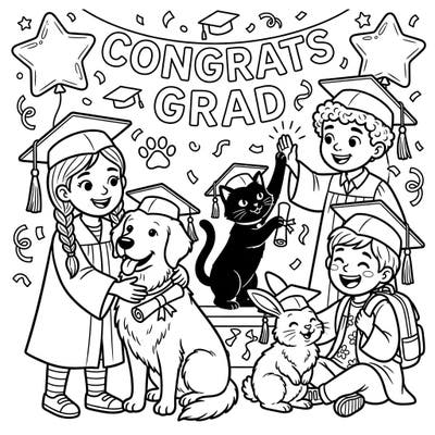 Mark a special milestone with this heartwarming graduation coloring page featuring joyful children and their furry friends. It's a delightful way to celebrate achievements with those you love most, both two-legged and four-legged!