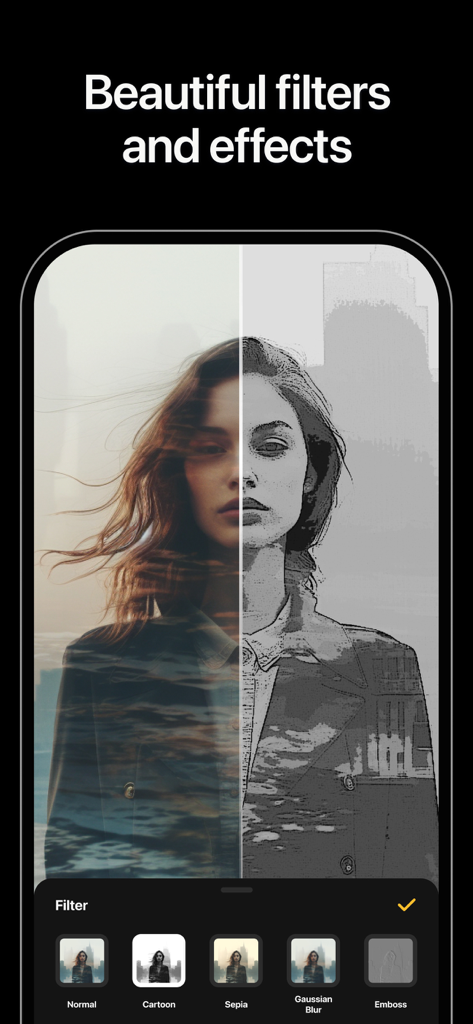 Blend: Combine Photo Layers - Blend app interface showing a split screen with cartoon and double exposure filters