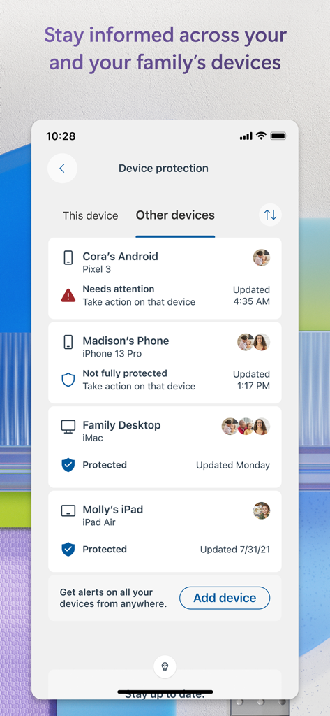 Microsoft Defender: Security - Interface do Microsoft Defender mostrando status de segurança e proteção para vários dispositivos familiares vinculados, incluindo smartphones e computadores