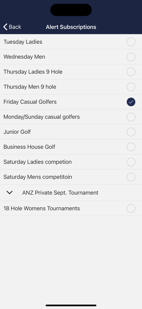 ClubAppsNZ - Una pantalla móvil que muestra las opciones de suscripción de alertas para diferentes grupos de golf en la aplicación ClubAppsNZ