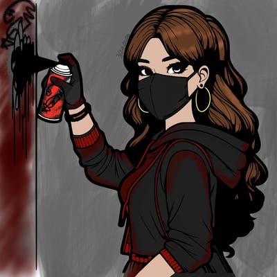 realistic girl with mask spray painting a wall