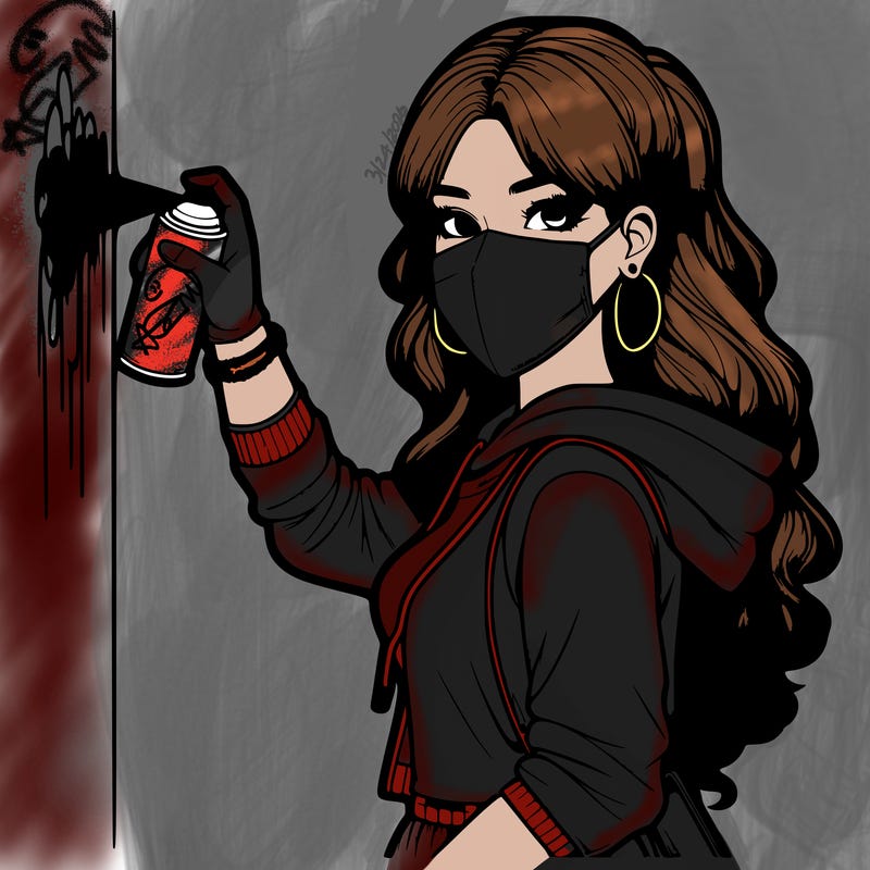 realistic girl with mask spray painting a wall