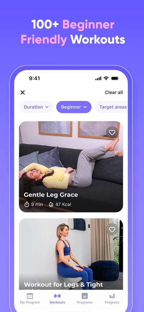 Mobile app screen showing a list of beginner friendly home workouts including wall pilates and sofa exercises
